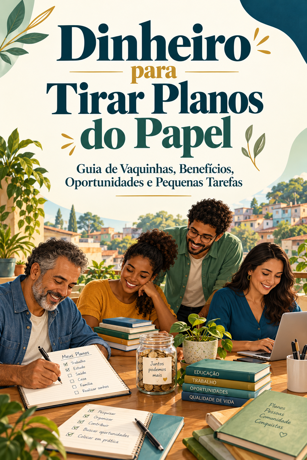 Capa do e-book Dinheiro para Tirar Planos do Papel, com pessoas planejando projetos em comunidade